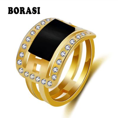 13mm Wide Big Geometry Black Ceramic Finger Ring Stainless Steel Layer Crystal Wedding Women Rings Jewelery Bague Aners