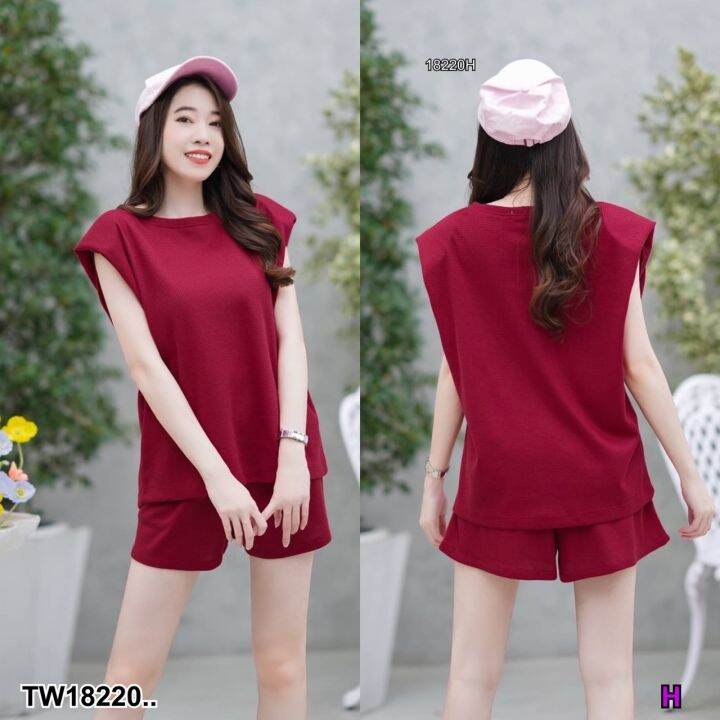 tw18220-set-2-ชิ้น-เสื้อแขนกุด-สีพิ้น-กางเกงขาสี้น