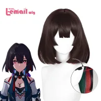 L- Wig เกมผมสังเคราะห์ Honkai: Star Rail Xueyi คอสเพลย์วิกผม32ซม. สีน้ำตาลเข้มพร้อมวิกผมสีน้ำเงินและสีแดงวิกผมทนความร้อน