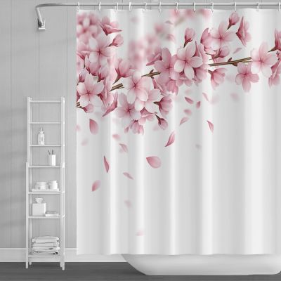 Pink Cherry Blossom Peach Blossoms Shower Curtain White Background Girl Bathroom Waterproof Polyester Cloth Screen With HookS