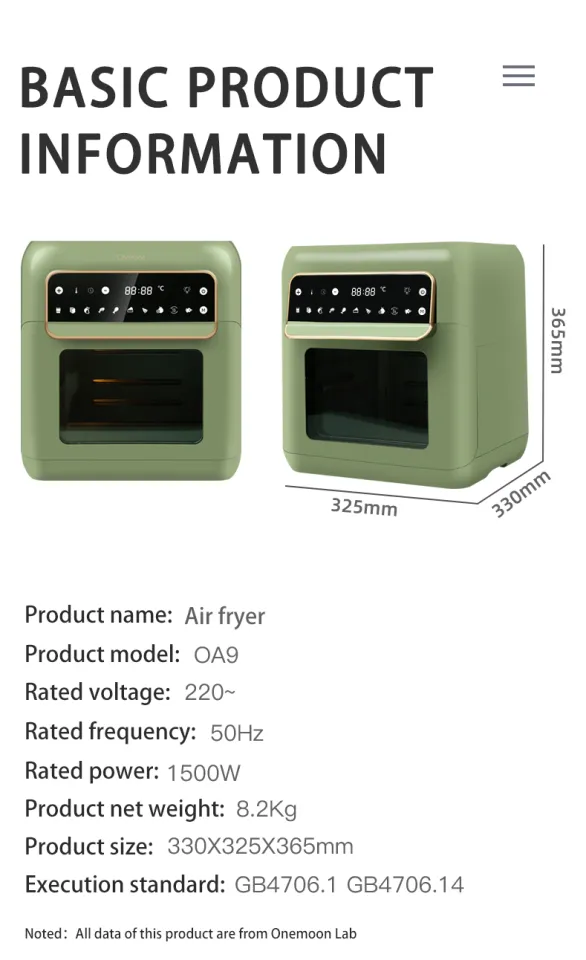 Onemoon OA9 Electric Air Fryer Oven, 10L Large Capacity Air Fryer,  Multifunctional Air Fryer/Oven Non-Stick, Electric Cooker 1500W, 200°C Hot  Air Circulating, Intelligent Touch, Green