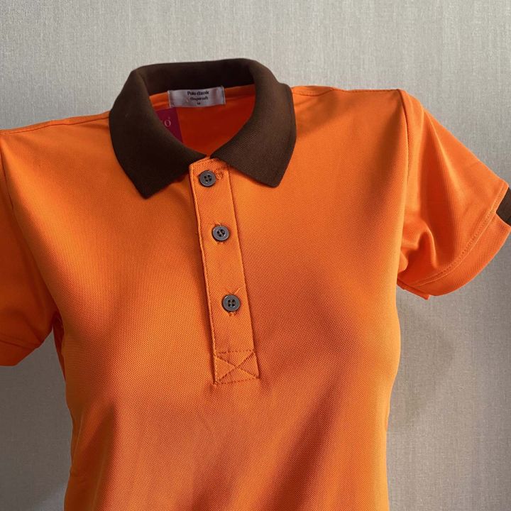 เสื้อโปโล-สีส้มเข้มปกน้ำตาลเข้ม-เนื้อผ้าสวย-นุ่ม-สวมใส่สบาย-สุดคลาสสิค-แบบไม่มีกระเป๋าที่หน้าอก