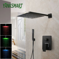 YANKSMART เคลือบสีดำ8 ~ 16 "สแควร์ห้องน้ำห้องอาบน้ำฝักบัวก๊อกน้ำ LED ฝนห้องอาบน้ำฝักบัวอาบน้ำติดผนังผสมห้องอาบน้ำฝักบัวน้ำแตะ C Ombo Kit