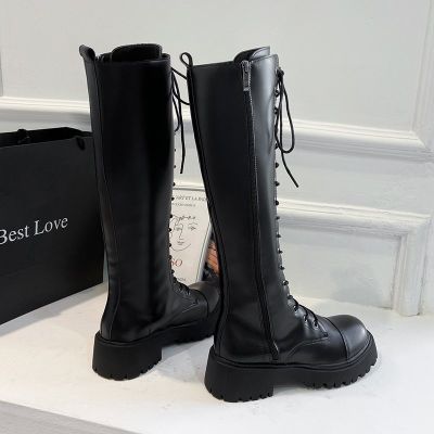 Women Combat Boots Antumn 2022 Female High Platform Boots Gothic Shoes Women Black Leather Boots Lace Up Women Knee High Boots