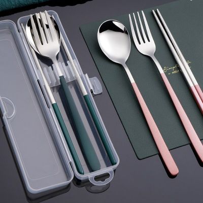 Silver Stainless Steel Fork Knife Chopsticks 3 in 1 Cutlery Portable Dinnerware Set with Storage Case for Travel Flatware Sets