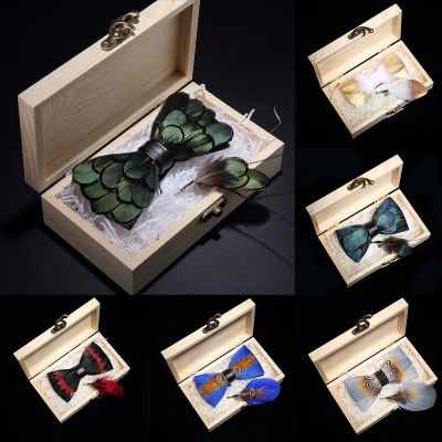 KAMBERFT design handmade feather bow tie brooch wooden box set high quality men 39;s bowtie leather tie for wedding party banquet