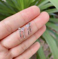 goodgift_station-S925 silver needle love water drop earrings ต่างหูแบบเจาะ รูปหัวใจ2ดวงคู่กันประดับเพชร ห้อยหยดน้ำ ก้านเงิน 92.5