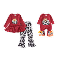 Girlymax FallWinter Baby Girls Wine Cow Pint Sunflower Ruffles Pants Set Romper Sisters Wear Kids Clothing