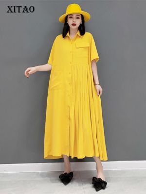 XITAO Dress Single Breast  Solid Color Casual Loose Shirt Dress