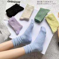 ถุงเท้าข้อยาว ถุงเท้าลายจุด สีแคนดี้ หวานๆ เรียบง่ายColored cotton womens stockings casual tube socks