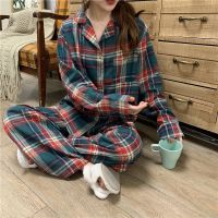 Womens Japanese Grid Pajamas Set Turn-down Collar Pyjamas Long Sleeves Suit Soft Female Sleepwear Autumn Homewear Home Services