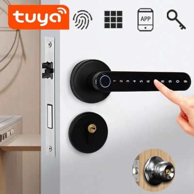 ไวไฟ Tuya เทคโนโลยีชีวภาพลายนิ้วมือล็อคลูกบิดประตูประตูสมาร์ทมือจับก้านล็อครหัสผ่านไฟฟ้าดิจิตอลแอพสำหรับบ้าน
