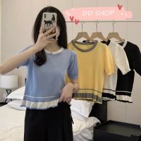 DD SHOPพร้อมส่ง 67003  เสื้อครอปแขนสั้น คอกลม สีน่ารักดีเทลขอบระบายน่ารัก