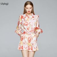 European American Fashion Floral Print Lantern Sleeve Shirt Shorts Two-Piece Suit (with Belt)