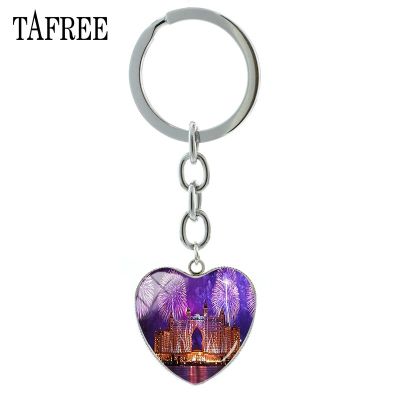 TAFREE Famous Dubai View Keychains Beautiful City Scenery Heart Pendant Key Chain Man Women gift Vintage glass Jewelry FA668 Key Chains