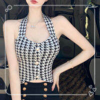 AH 2022 Pure Desire คอวีแขวนคอ Houndstooth Camisole หญิงออกแบบ Sense Niche สาวร้อน Backless Bottoming Top