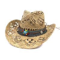 QBHAT Natural Salt Grass Handmade Crochet Straw Hat Breathable Western Cowboy Cowgirl Beach Cap Large Brim Travel Sun Hat