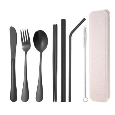 7 Pieces/Set Stainless Steel Portable Cutlery  Portable Cutlery Straw Chopsticks Spoon Spoon Steak Cutlery for travel Camping Flatware Sets