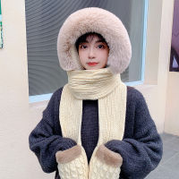 Knitted Woolen Hat Womens Winter Warmth and Cold Protection Scarf Cute All-match Muffler Gloves All-in-one Three-piece Suit