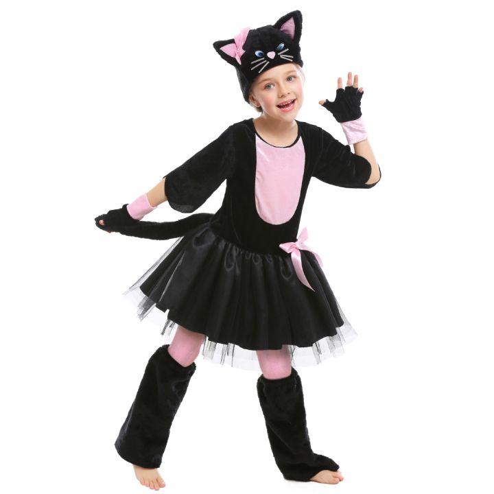 5-ชิ้นสาวคิตตี้แมวฮาโลวีนเครื่องแต่งกายชุดแฟนซีสัตว์หนังสือวันสัปดาห์เสื้อผ้าการแสดงบนเวที