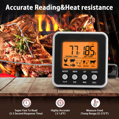 เครื่องวัดอุณหภูมิเตาอบดิจิตอลครัวเนื้อ thermometeer ฟาเรนไฮต์เซลเซียสแปลงนับถอยหลังจับเวลาไฟหลังจอ LCD เครื่องวัดอุณหภูมิบาร์บีคิว
