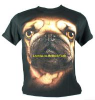 เสื้อลาย หน้าสุนัข ปั๊ก Pug Dog เต็มหน้า  ไซส์ยุโรป เสื้อยืดสีดำ สกรีนจมแน่น หน้าหลัง RCA190 ส่งจากกทม