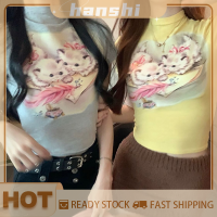 hanshi [2023 new HOT FASHION] lazlook เสื้อยืดพิมพ์ลายแมวน่ารักฤดูร้อนเสื้อคอเต่าแขนสั้นสลิมหวานครึ่ง