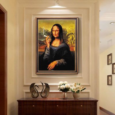 ตลก Mona Lisa สูบบุหรี่ภาพภาพวาดผ้าใบ Wall Art โปสเตอร์และพิมพ์ Da Vinci ภาพวาดที่มีชื่อเสียงสำหรับตกแต่งห้องนั่งเล่น