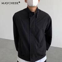 MAYCHEER   เสื้อคาร์ดิแกนถักแนวโน้มแฟชั่นสีทึบแจ็คเก็ตทรงหลวมเรียบง่ายแจ็คเก็ตสีดำผู้ชายเชิ้ตแขนยาวคอปกตั้งเล็ก