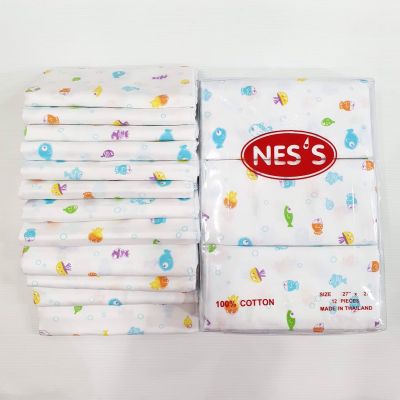 ผ้าอ้อม nes’s cotton100% (พิมลาย) ขนาดไซร์ 27x27 นิ้ว แพ็ค 12 ผืน