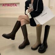 Atikota Giày Bốt Da Mềm Cổ Cao Mũi Tròn Đế Dày Phối Khóa Kéo Thời Trang