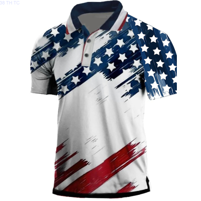 【high quality】  3d Printed American Flag Lapel Button Mens Polo Shirt, Popular Mens Short Sleeved Oversized Summer Casual