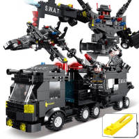 2023 City Series Police Station SWAT Corps Team Military Truck Car Fighting War Robot Building Blocks DIY Toys for Boys Kids Gifts