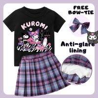 Graceful Girls Sets with Cartoon Kuromi 100% Cotton T-shirt And JK Dress Plaid Skirt Free Bow Tie