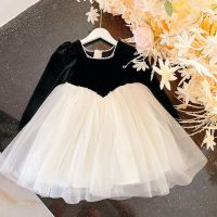 ZZOOI Fashion Toddler Girls Long Sleeve Velvet Dresses 2023 Spring Fall New Girl Splicing Gauze Princess Party Dresses 2-10Yrs