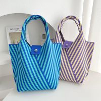 Student Bucket Bag Casual Women Girl Commuter Shoulder Bag Striped Knitted Bag Handbag