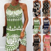 Summer 2023 Womens Elegant Round Neck Vintage Cutout Neck Sleeveless Halter Print Dress Hollow Out Floral Sexy Party Dress New