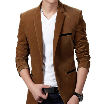 ✗ hnf531 Men Autumn Long Sleeve Lapel Collar Button Pocket Decor Velvet Slim Blazer Jacket
