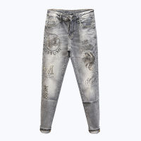 Spring Summer Europe Station stretch jeans mens heavy industry hot drill printing tide sign cool casual fitted leg pants