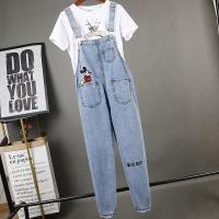 Spot parcel post2023 Summer New Korean Style Cartoon Temperament Youthful-Looking Cropped Denim Suspender Pants Womens Loose Slimming Jumpsuit Fashion