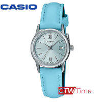 Casio Standard นาฬิกาข้อมือผู้หญิง สายหนัง รุ่น LTP-V002L-2B3UDF (สีเงินสายสีฟ้า / หน้าปัดฟ้าโรมัน)