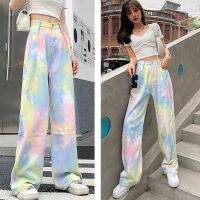 COD DSGERTRYTYIIO Tie-Dye High-Waist Wide-Leg Jeans Womens Loose vibe Style Pants All-Match Slimmer Look Straight Colorful Mopping Summer