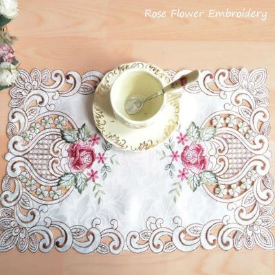 【CC】✻☁™  Luxury rose flower embroidery place mat cloth pad cup satin doilies coffee tea coaster wedding placemat kitchen