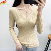 ◕ New 2023 Deep V Neck Sweater Sleeve Rib Knit 5 Colors Woman Sweaters Pullovers Ladies Jumpers