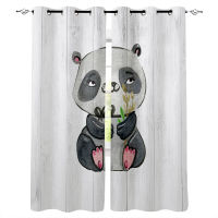 Watercolor Panda On Wood Grain Background Curtains For Living Room Child Bedroom Window Treatment Blinds Kitchen Curtains