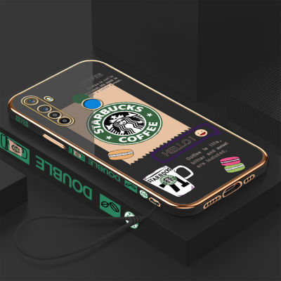 เคสเคสมือถือสำหรับ Realme 5 /Realme 5i /Realme 6i พร้อมฟรีสายคล้อง + โลโก้ Starbucks แบบขอบสี่เหลี่ยมชุบเคลือบฝาหลังนิ่ม