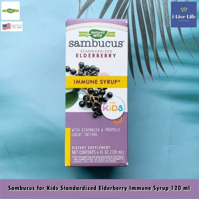 31% OFF ราคา Sale!!! โปรดอ่านรายละเอียด EXP: 02/2023 อัลเดอร์เบอร์รี่สกัด สำหรับเด็ก รสชาติอร่อย ทานง่าย Sambucus for Kids Standardized Elderberry Immune Syrup 120 ml - Natures Way