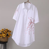 Long Vintage Women 2021 Spring Summer New 100 Cotton Loose Flower Embroidery Short-sleeved Ethnic Chic Blouse Shirts Tops