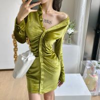 French Chic Bodycon Sexy Party Night Club Solid Velvet Dress Autumn Long Sleeve Single-breasted Elegant Shirt Mini Dresses Femme