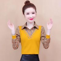 เสื้อเชิ้ตสำหรับผู้หญิงเสื้อเสื้อแขนยาวลายสก๊อตปะติดสไตล์ต่างประเทศแฟชั่นเวอร์ชันเกาหลีเสื้อผู้หญิง